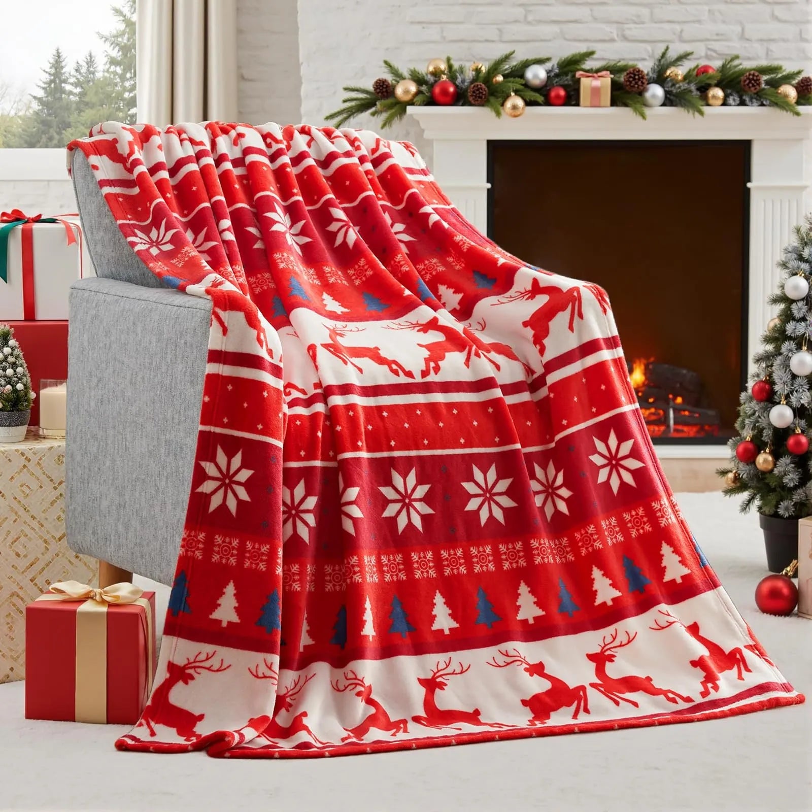 Soft red American style flannel Christmas blanket draped over a sofa