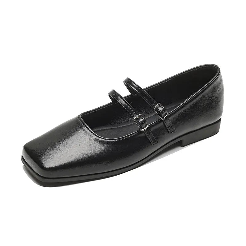 Women's genuine leather ballet flats with cross-buckle strap in silver colour