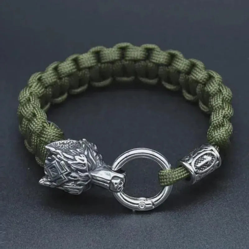 Handmade titanium steel wolf head bracelet in camouflage colour showing polished finish and retro design