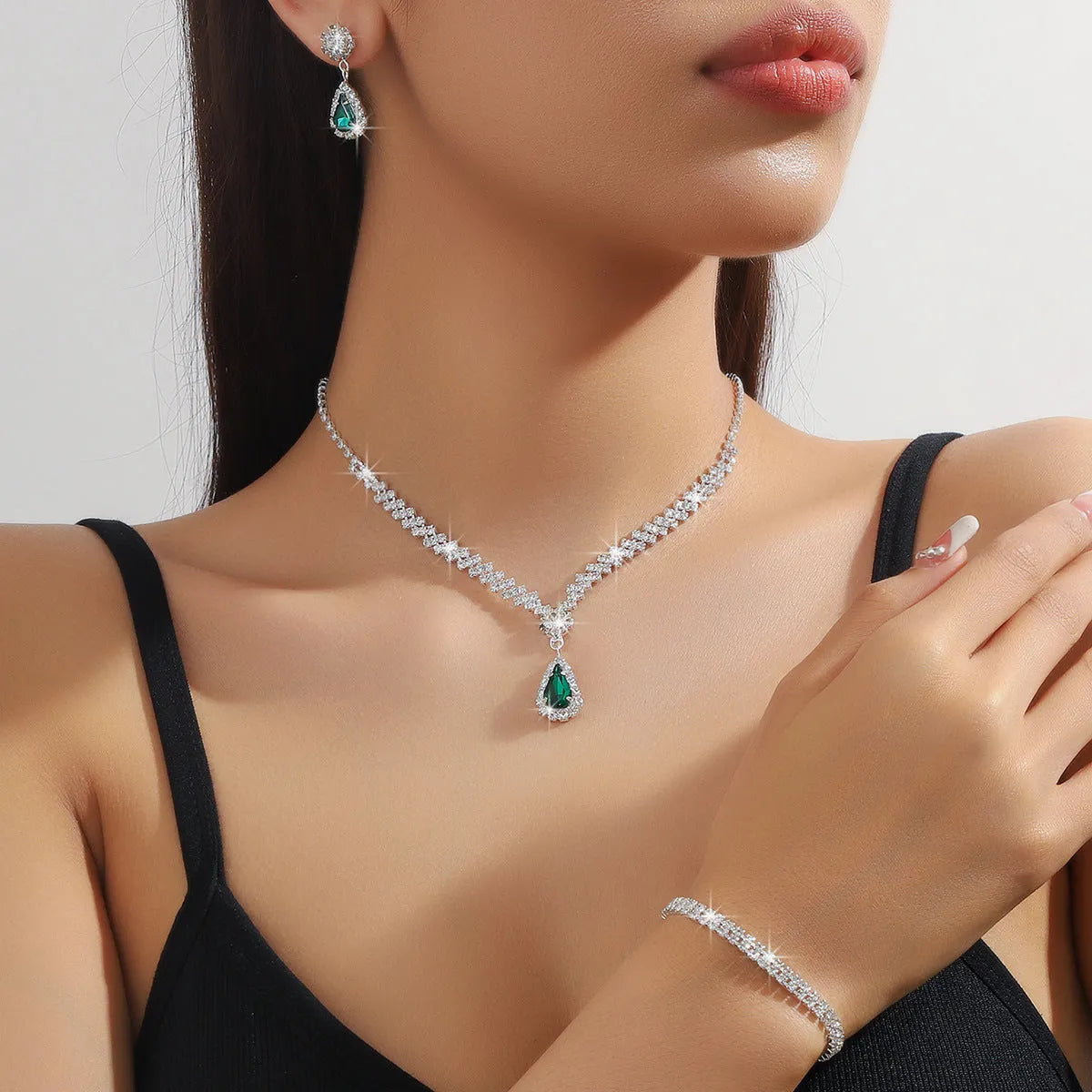 Claw chain necklace and earrings set with water drop rhinestones in multiple colour options