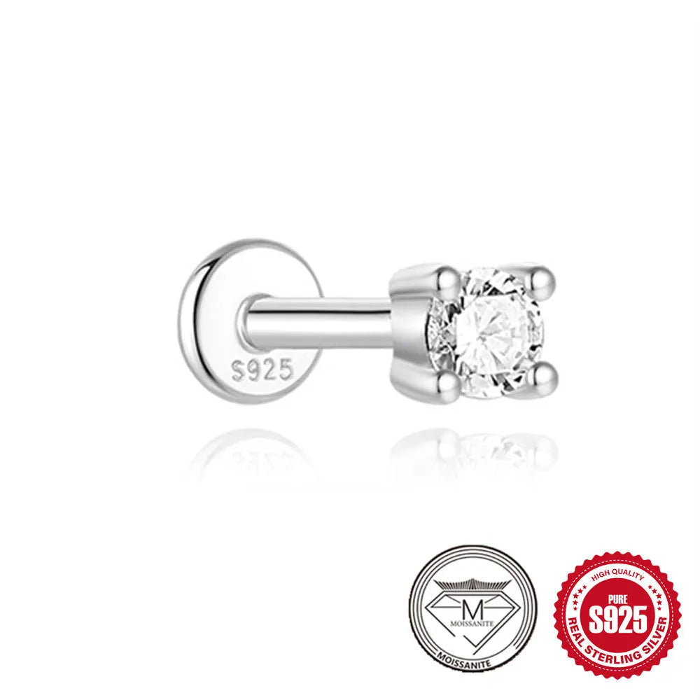 S925 sterling silver petal diamond stud earrings in platinum-single finish, showing clip-on back and geometric design options.