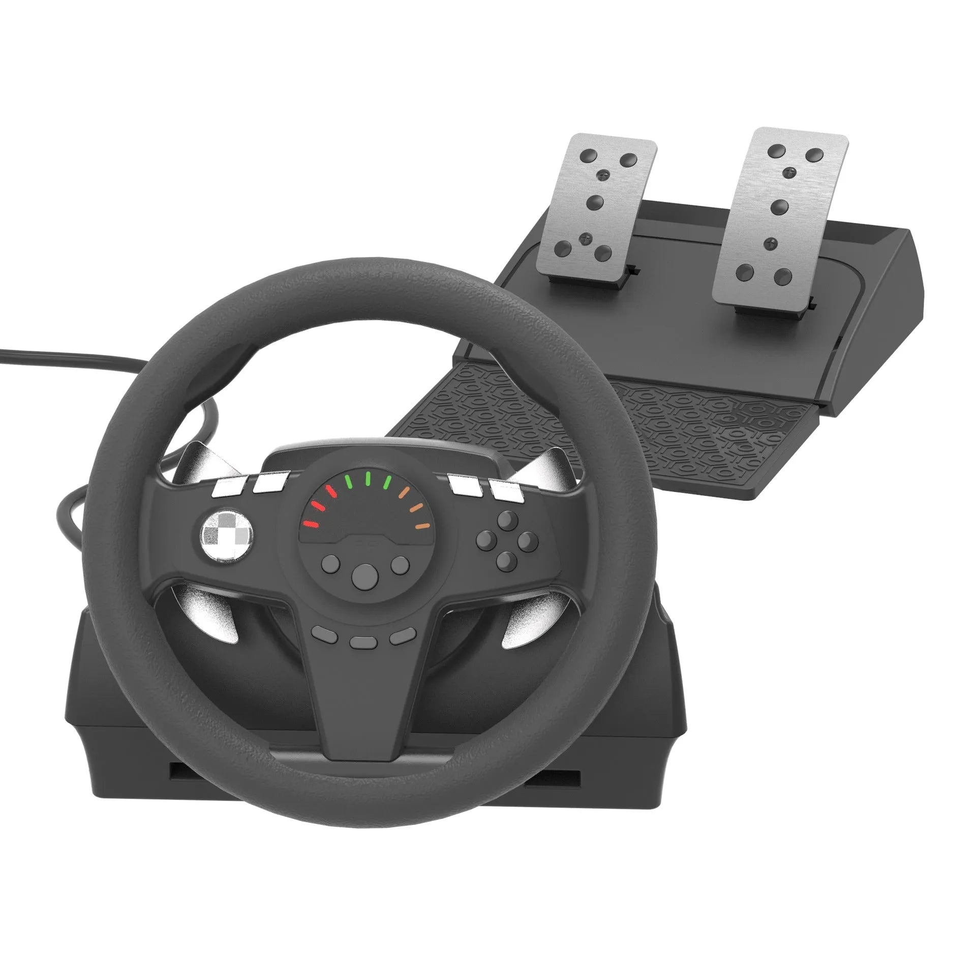 Black multi-platform gaming steering wheel with two pedals and a manual mounting bracket on a desk.