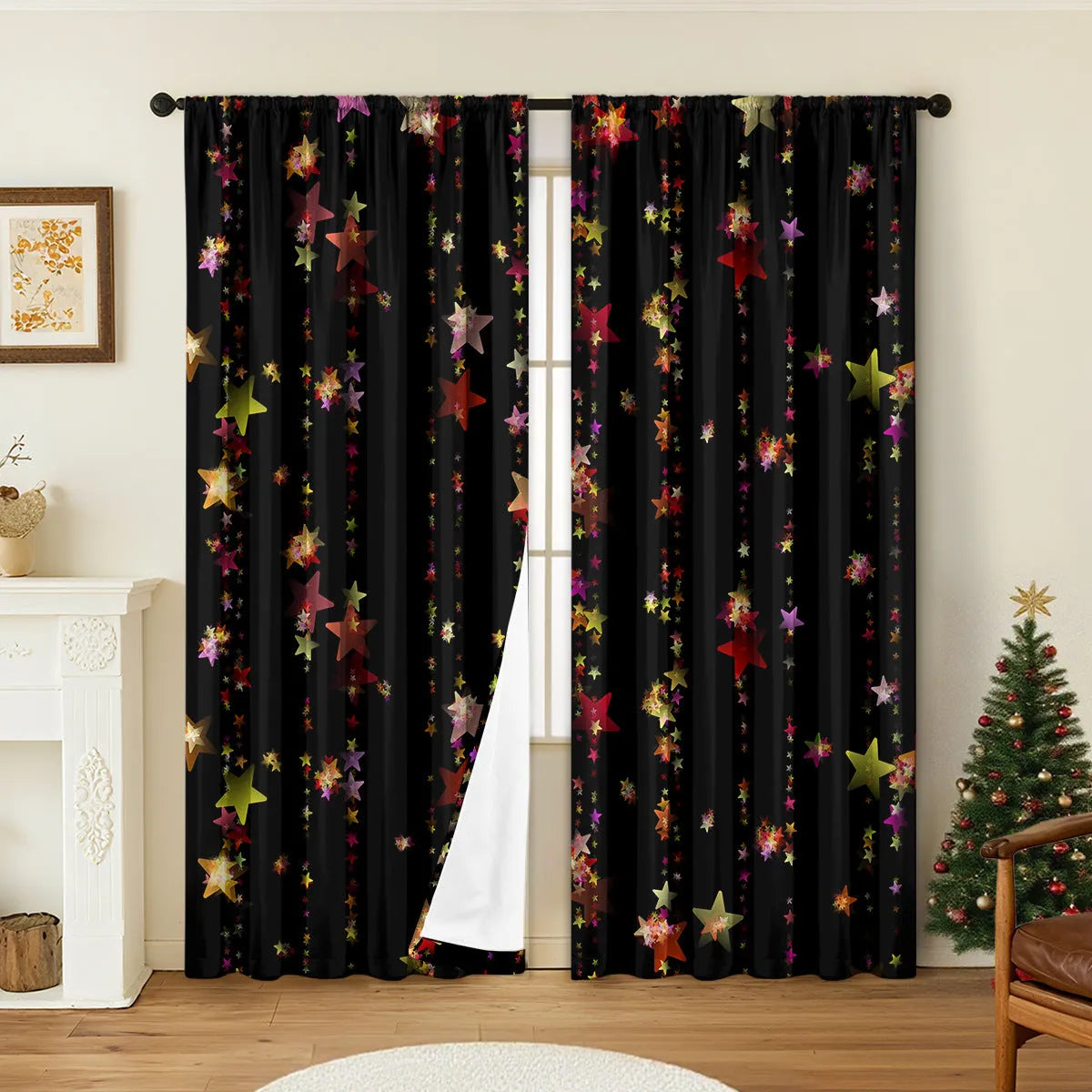 Pair of red and green 3D digitally printed Christmas curtains with festive patterns hanging on a window.