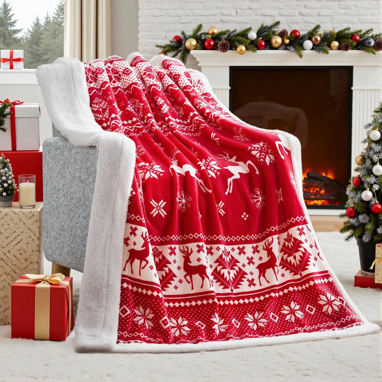 Soft red American style flannel Christmas blanket draped over a sofa