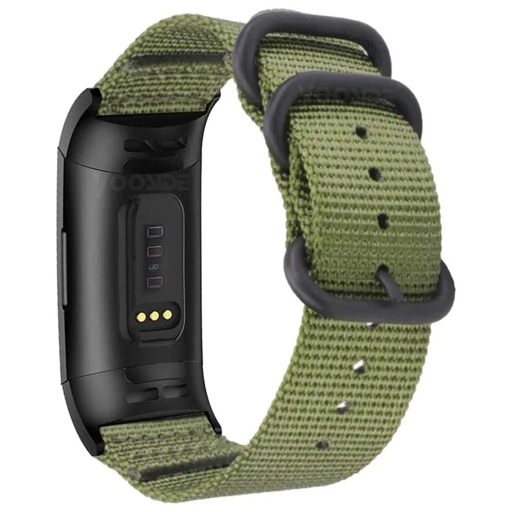 Army Green nylon replacement strap with a three-ring metal buckle for a Fitbit Charge 3 or Charge 4 fitness tracker.