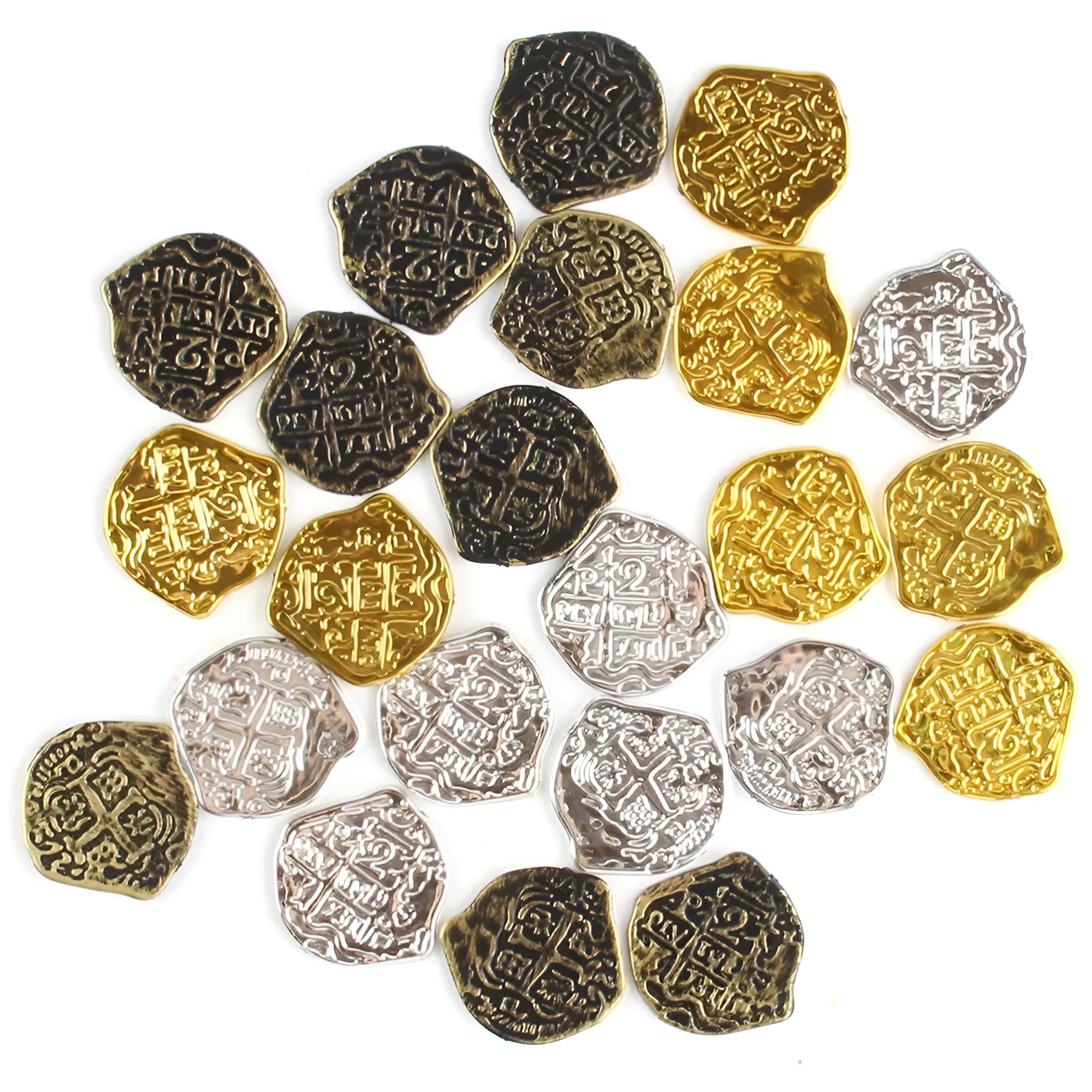 100 plastic Roman coin replicas with electroplated metallic finishes displayed together