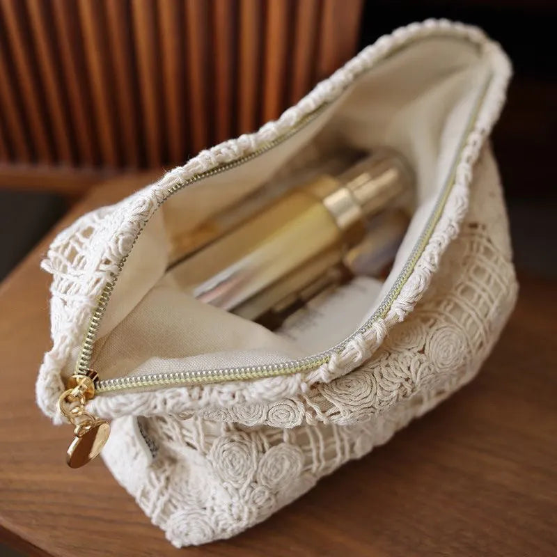 Handmade crocheted corduroy cosmetic bag with hollow flower embroidery ethnic design