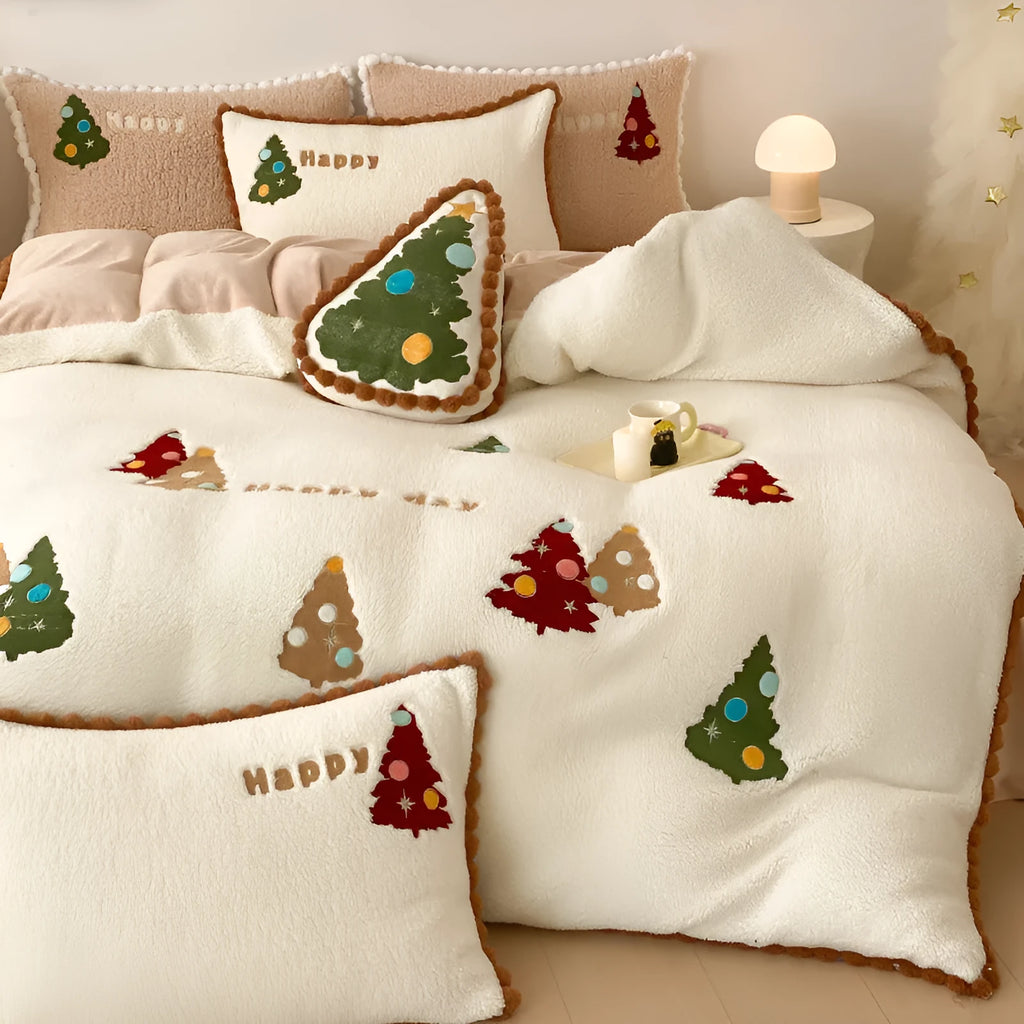 Bright yellow fleece-lined bedding set with winter Christmas cartoon animation pattern