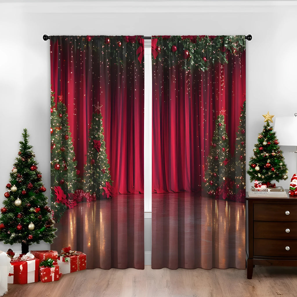 Pair of red and green 3D digitally printed Christmas curtains with festive patterns hanging on a window.