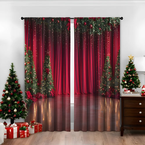 Pair of red and green 3D digitally printed Christmas curtains with festive patterns hanging on a window.
