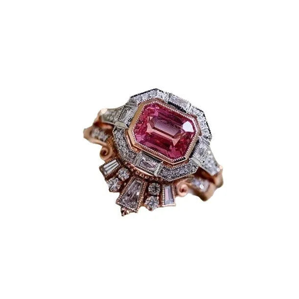 Retro-style rose gold women's alloy ring with geometric shape and ruby design.