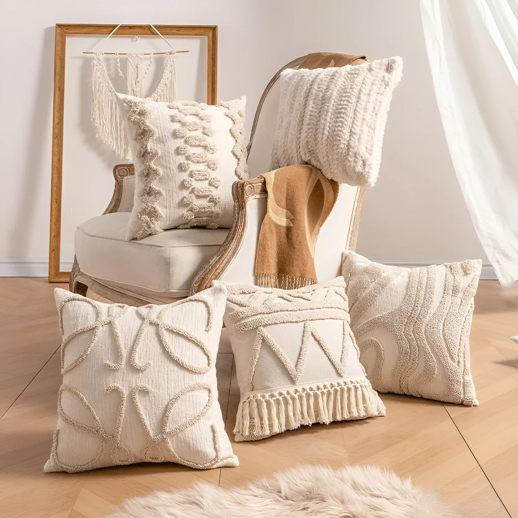 Knitted tassel decorative pillow cover showing striped pattern with multiple design options