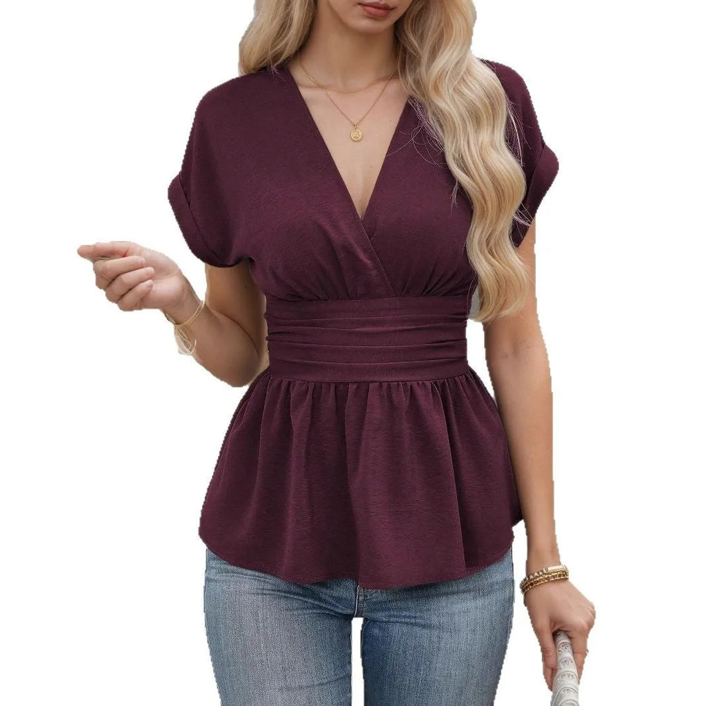 Women's solid colour V-neck short sleeve top with waist pleating detail in slim fit.