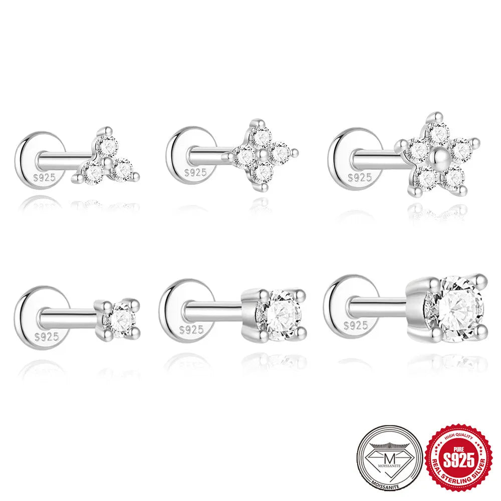 S925 sterling silver petal diamond stud earrings in platinum-single finish, showing clip-on back and geometric design options.