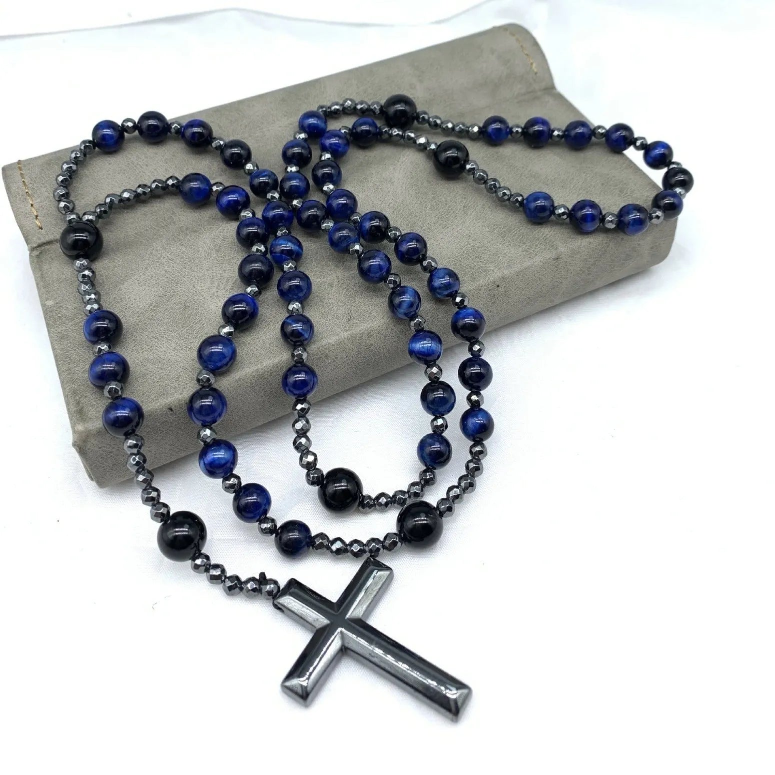 Stone cross pendant necklace on ball bead chain with safety lock clasp
