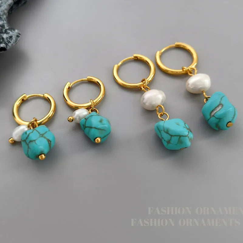 Copper geometric earring set with irregular turquoise stones and cultured pearls, showing both short and dangle drop styles.