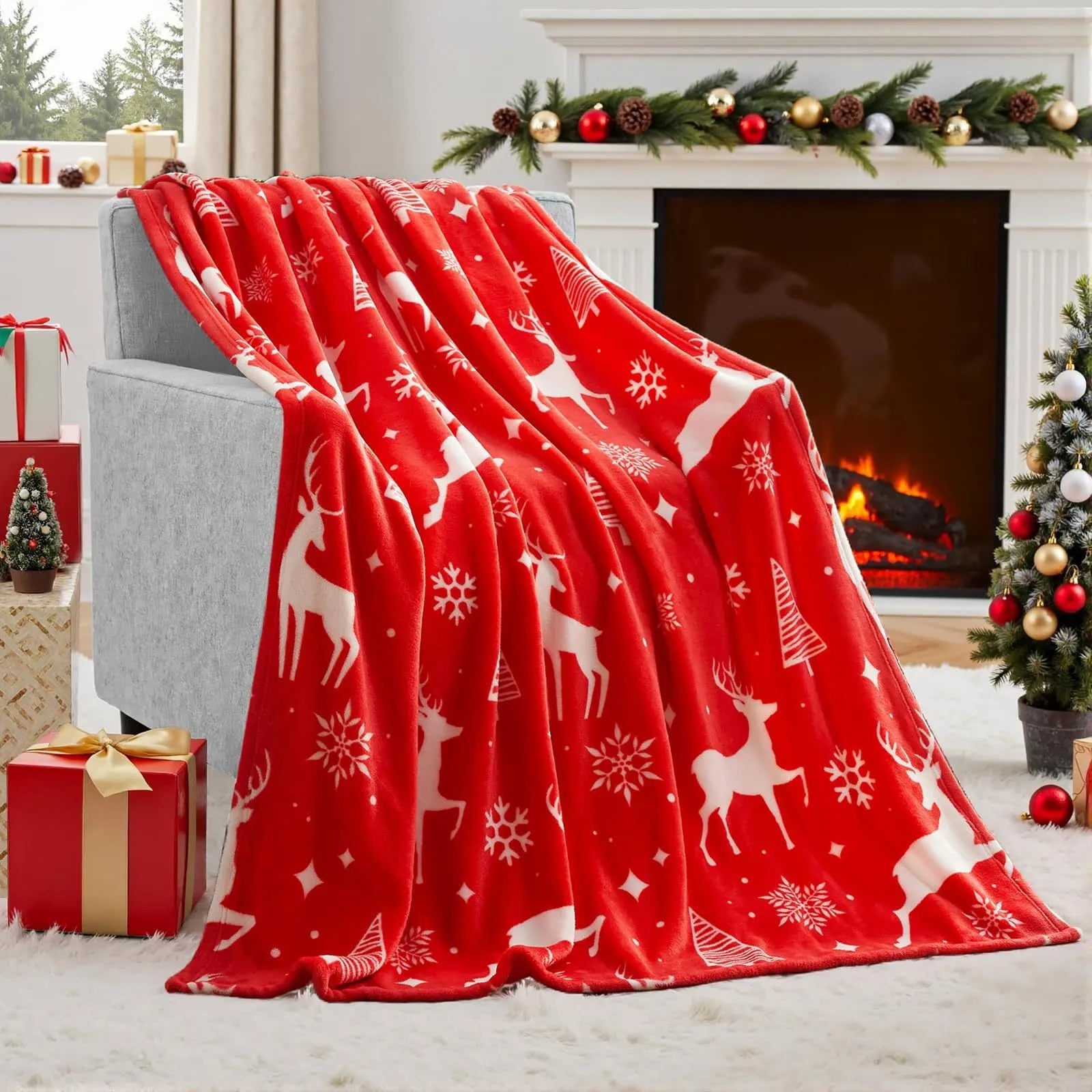 Soft red American style flannel Christmas blanket draped over a sofa