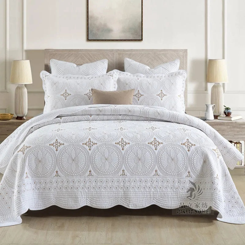 Double-thick pure cotton embroidered bedspread set with pillowcases for a 1.8 metre bed.