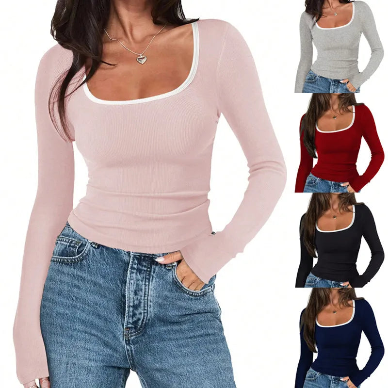 Women's square collar slim fit cotton top in light grey, shown on a model.
