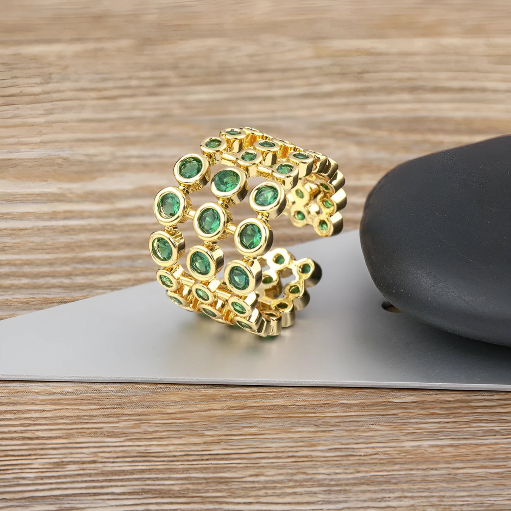 Copper ring with 18K gold plating and green zircon stones in three-layer exaggerated wide design