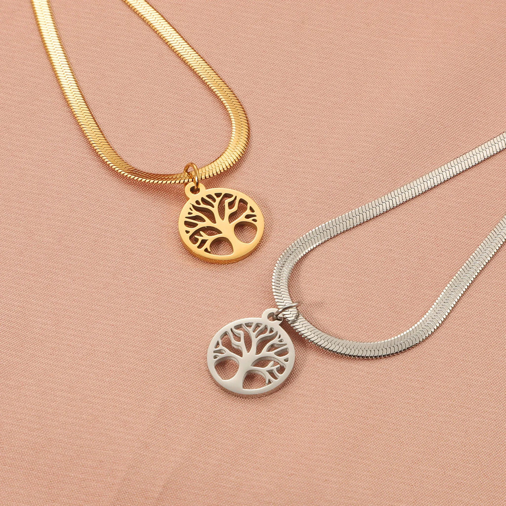 Stainless steel lucky tree pendant necklace on a snake bones chain, shown in gold and steel colour options.