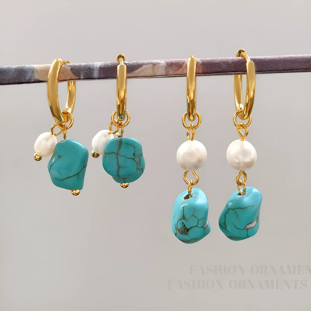 Copper geometric earring set with irregular turquoise stones and cultured pearls, showing both short and dangle drop styles.