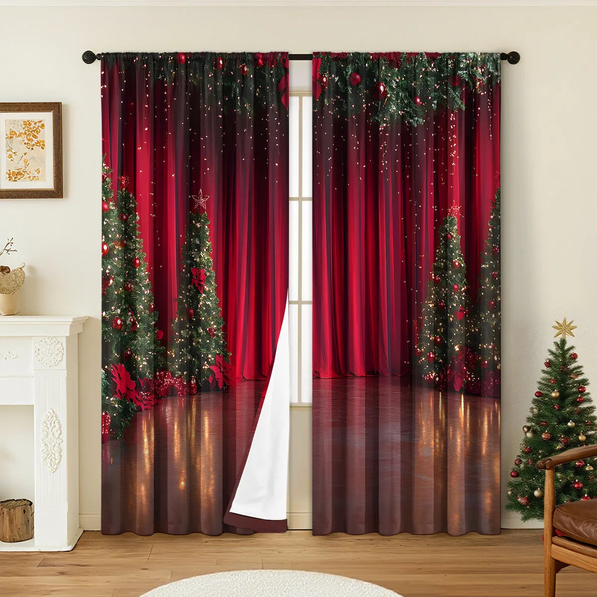 Pair of red and green 3D digitally printed Christmas curtains with festive patterns hanging on a window.