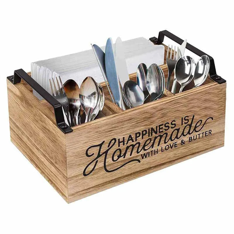Wooden kitchen storage box with grid dividers for cutlery organisation measuring 23x16.8x10cm