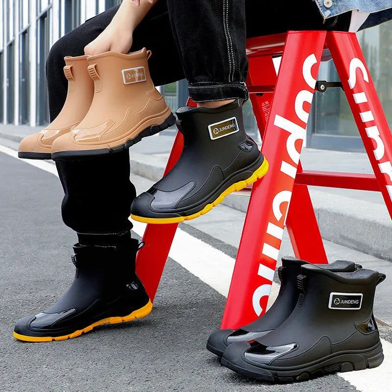 Short tube PVC waterproof boots in black, black and yellow, or khaki with flat heel and round toe.