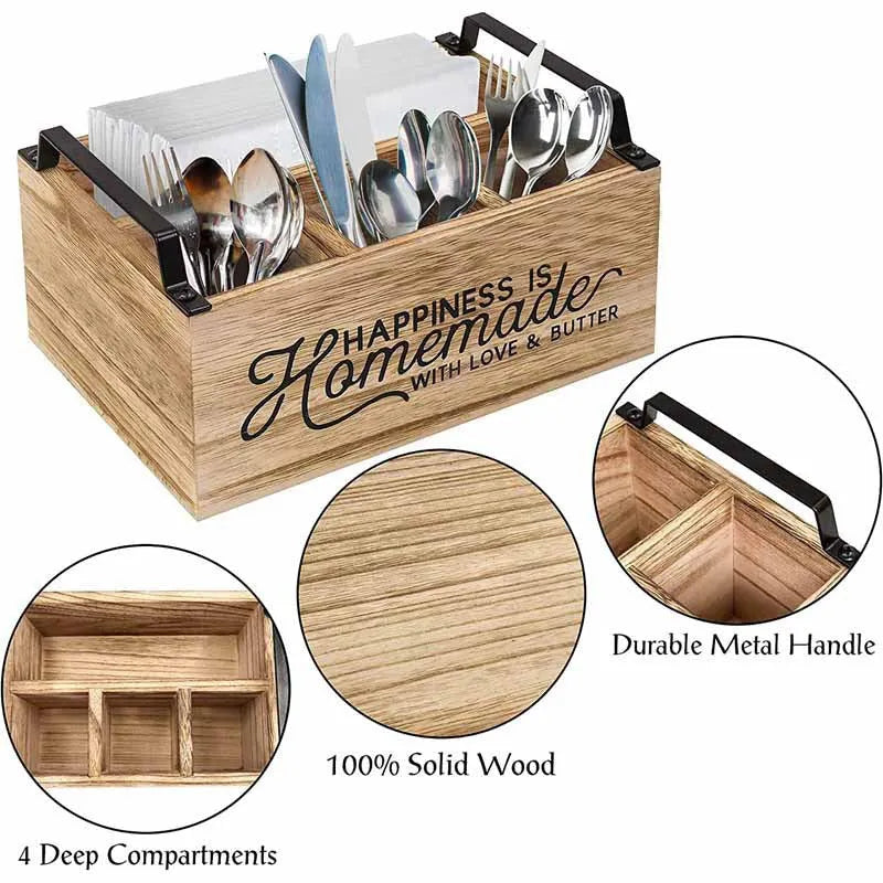 Wooden kitchen storage box with grid dividers for cutlery organisation measuring 23x16.8x10cm
