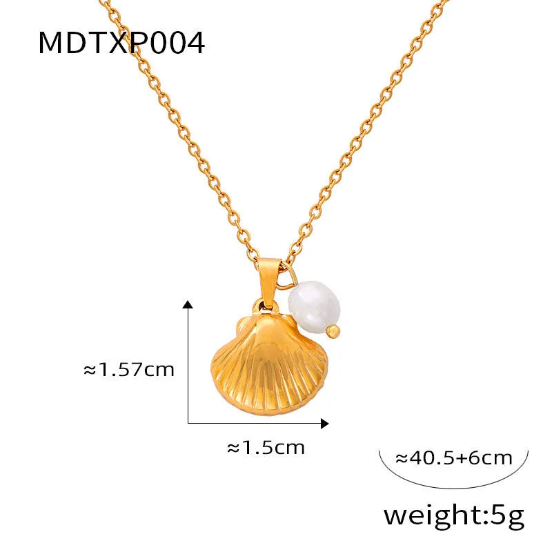 Gold-tone titanium steel necklace with white freshwater pearl beads on an O-shaped chain.