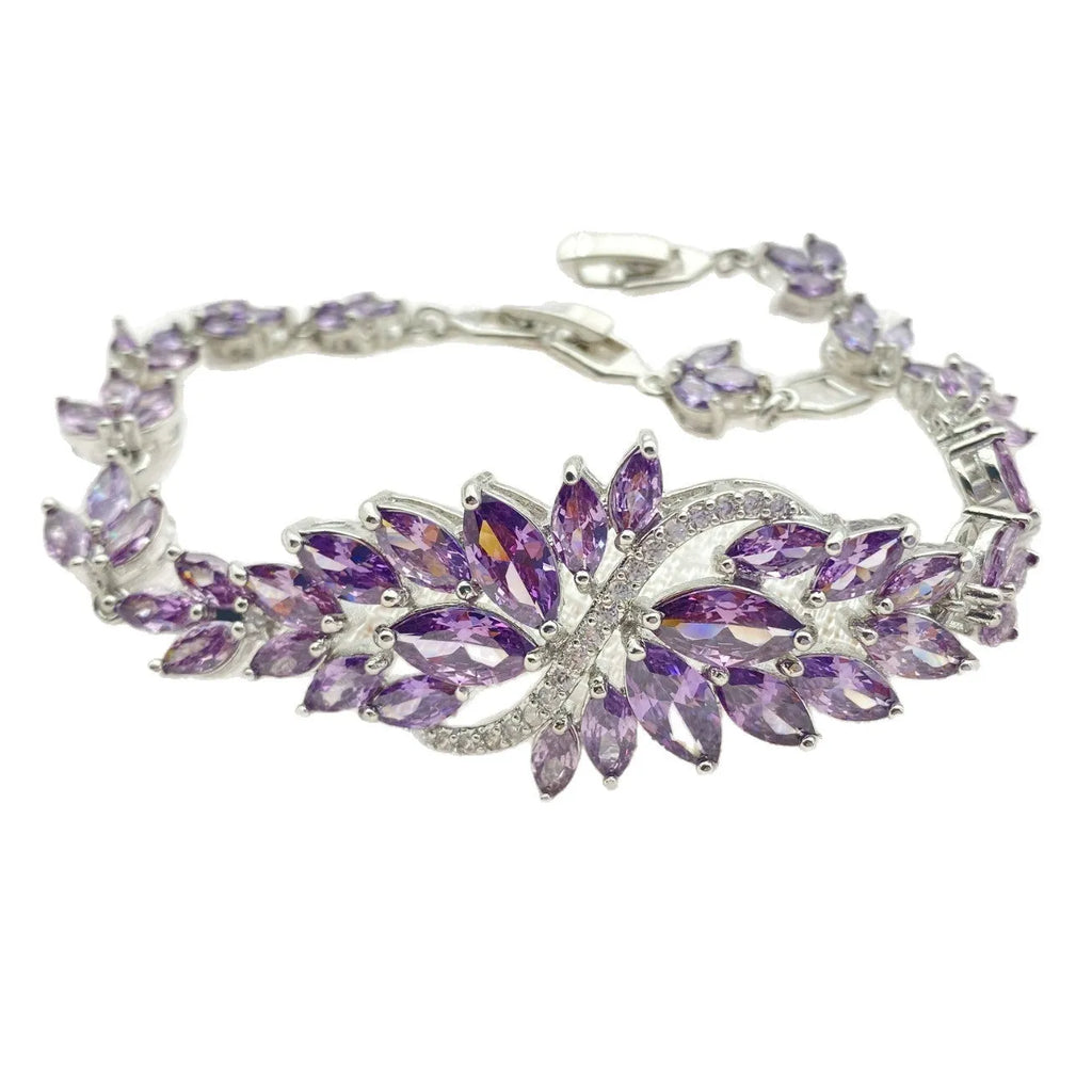 Gold plated copper bracelet with micro inlaid zircon ice flower design in blue, colour, green, purple or white