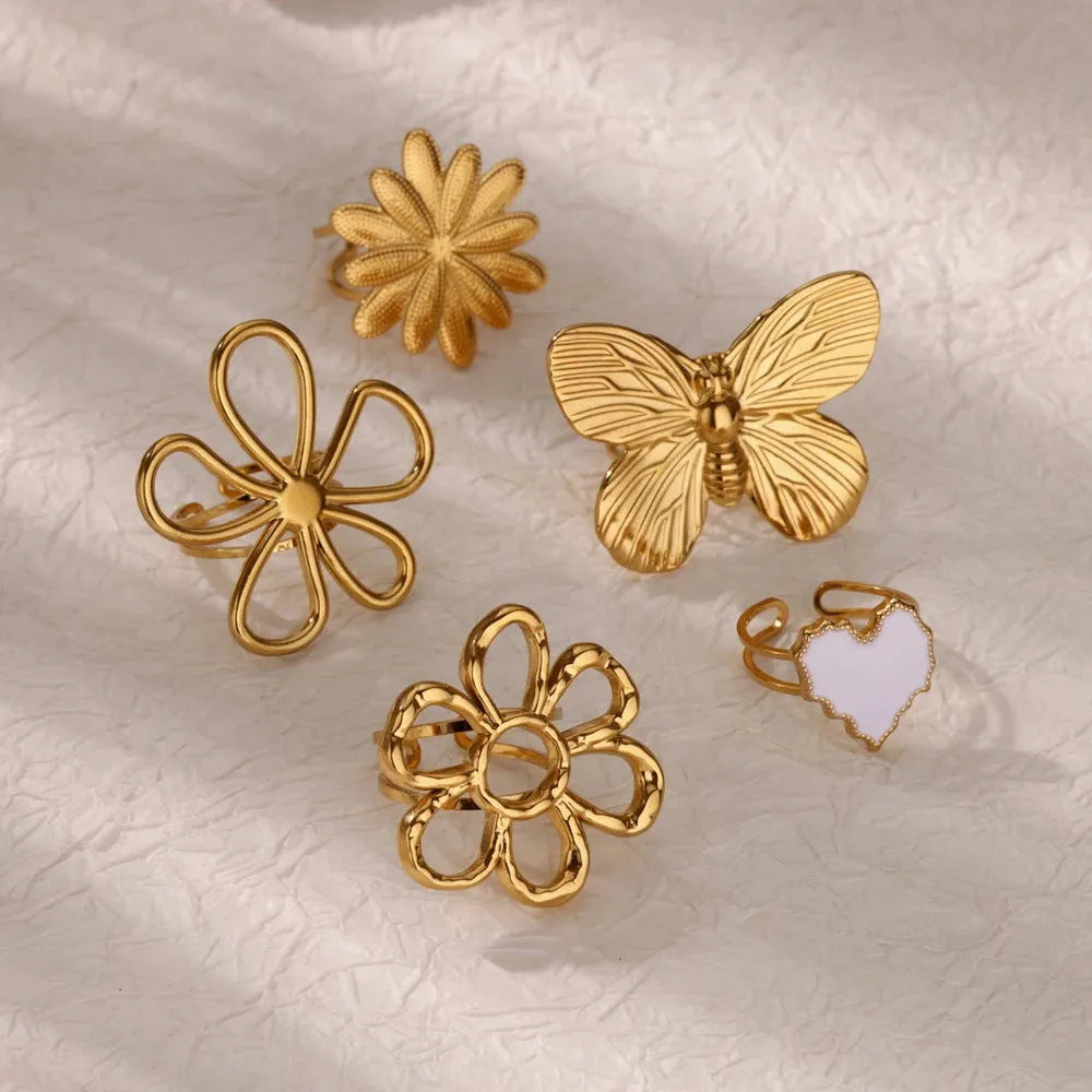 Stainless steel open mouth hollow flower ring for women in gold finish, JZ7020 series