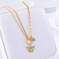 Gold titanium steel butterfly necklace and bracelet set with epoxy pendant and snake bone chain