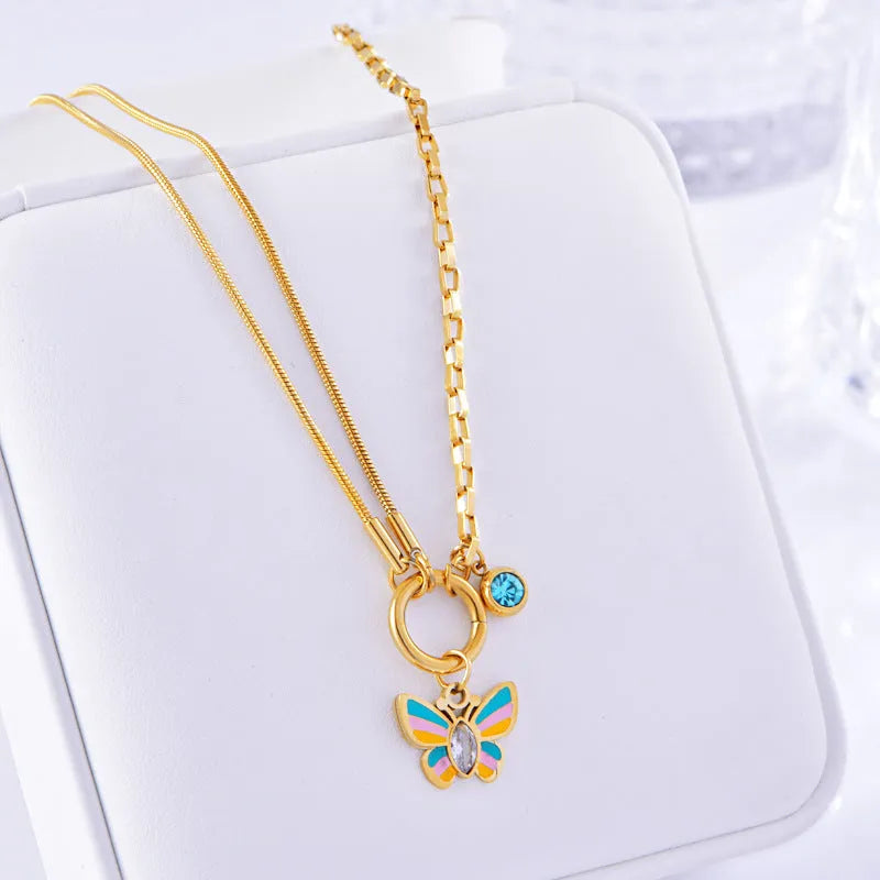 Gold titanium steel butterfly necklace and bracelet set with epoxy pendant and snake bone chain