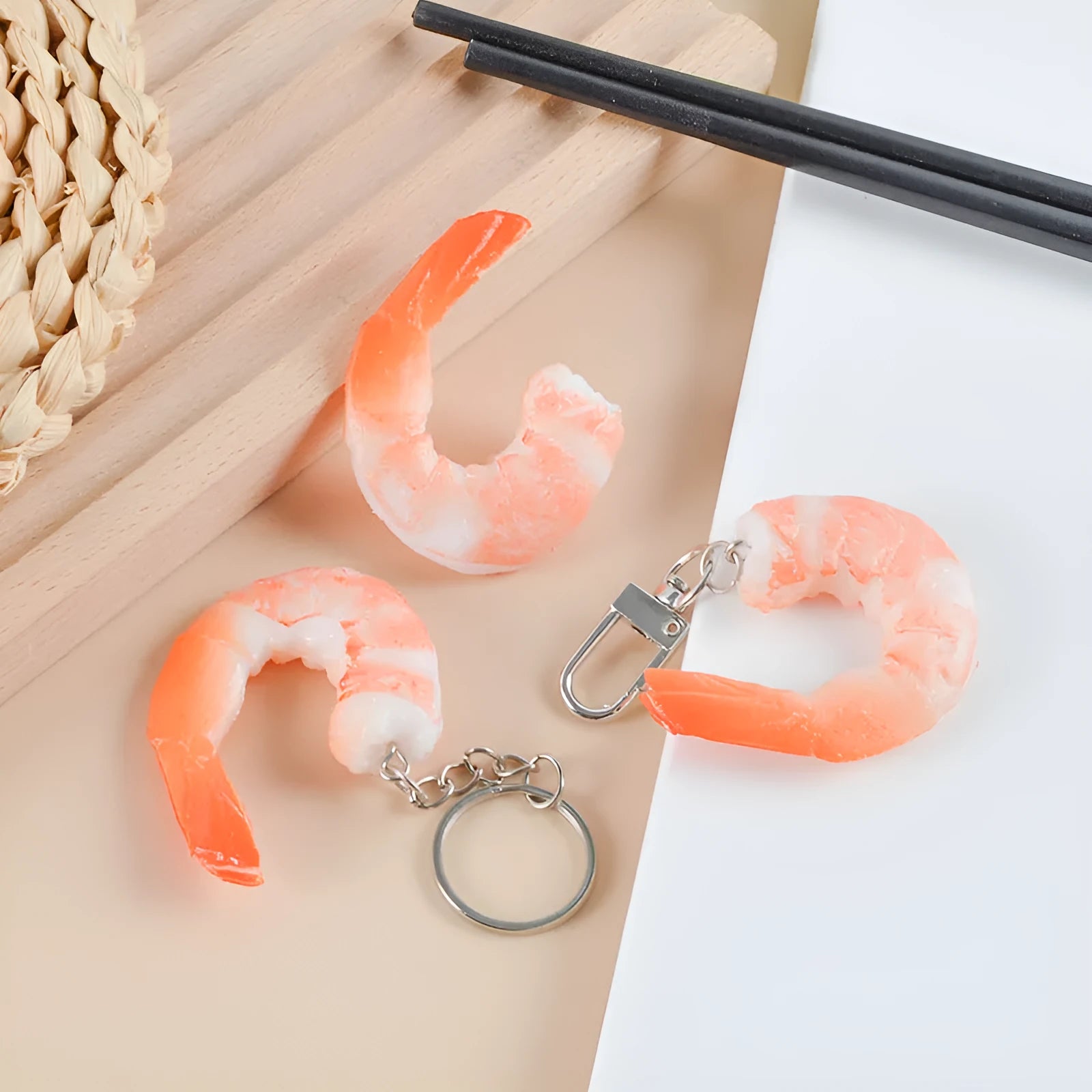 PVC injection moulded shrimp keychain with detailed seafood simulation design and modern simplistic style