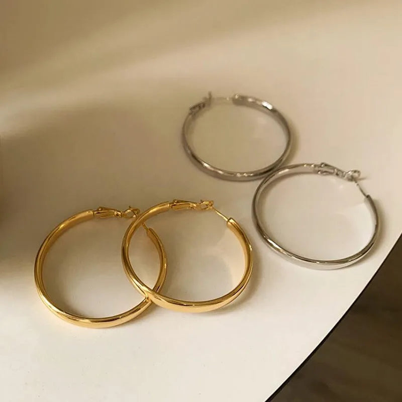 40mm circular copper hoop earrings with electroplated gold and silver colour finishes