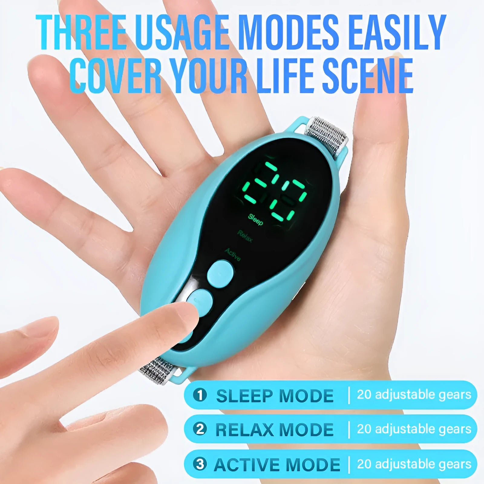 White and blue intelligent sleeping aid instrument showing compact 80x40x20mm dimensions with USB charging port