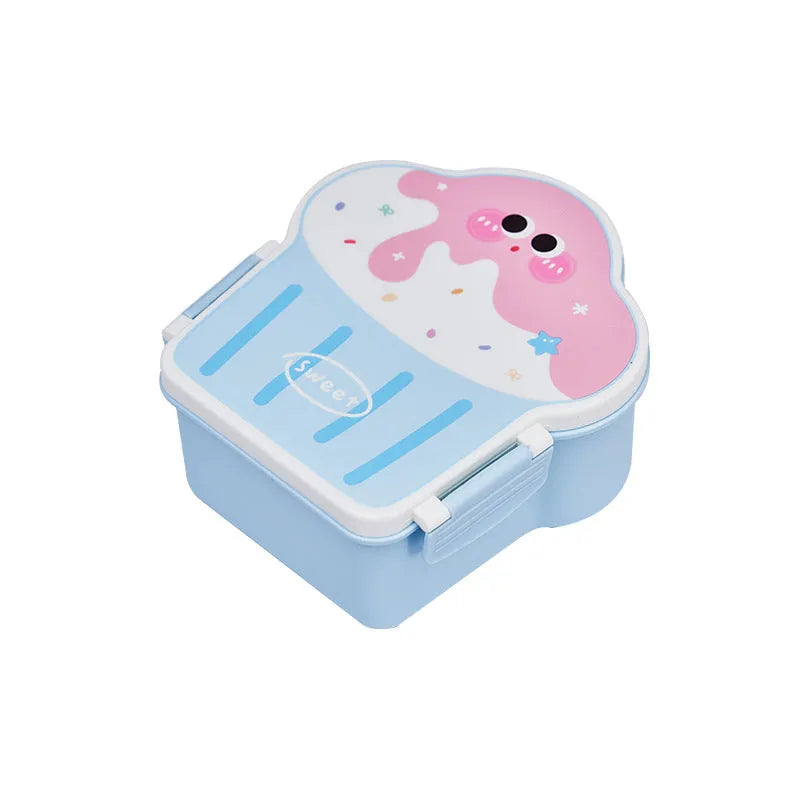 Blue and pink creative ice cream shaped plastic lunch box with spoon and fork set on a table.