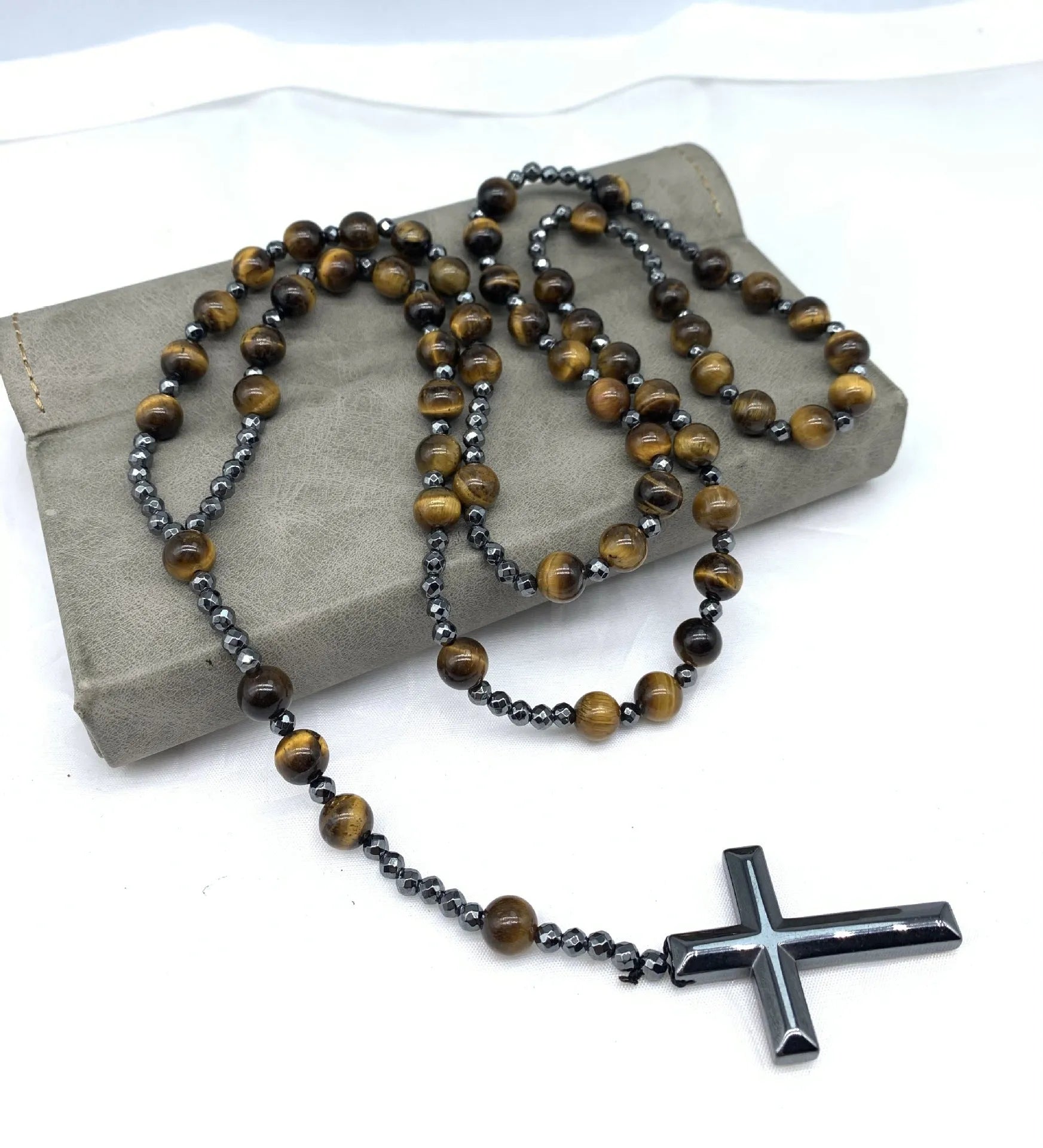 Stone cross pendant necklace on ball bead chain with safety lock clasp