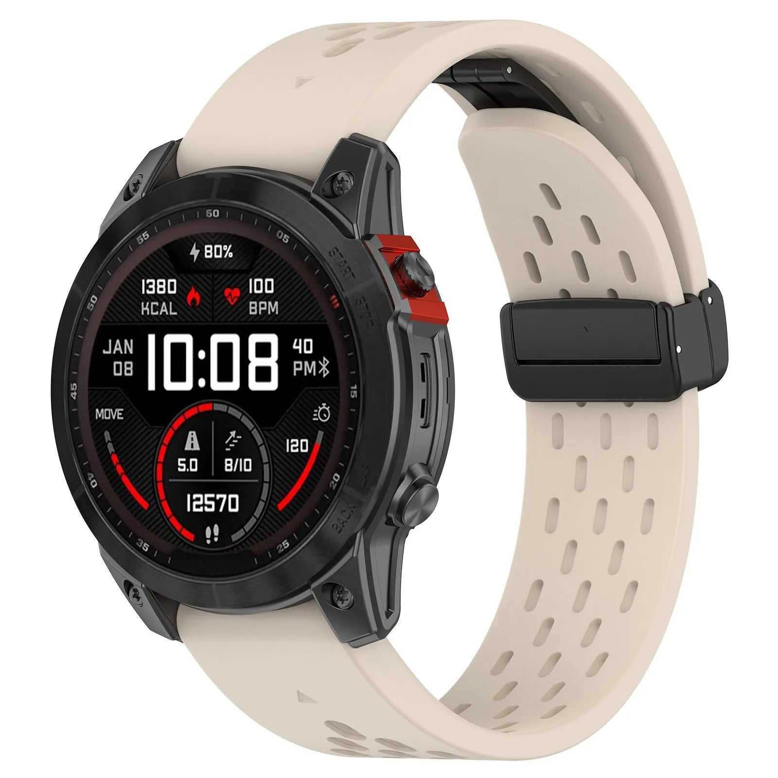 Garmin Fenix quick release silicone sport band in multiple colours showing quick-release mechanism.