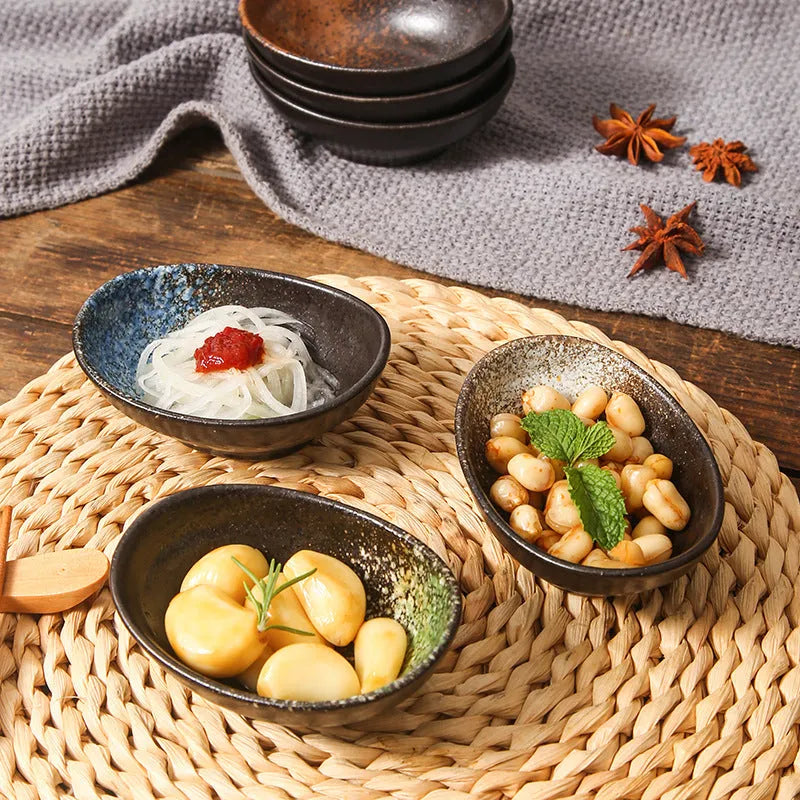 Oval Japanese ceramic sauce dipping bowl with traditional Edo pattern design
