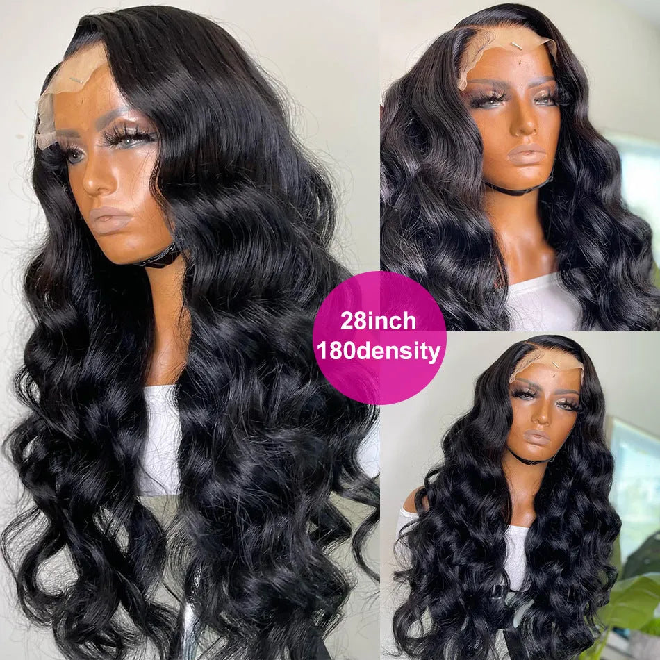 Black synthetic front lace wig with long curly hair and side-swept bangs.