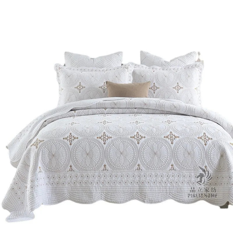 Double-thick pure cotton embroidered bedspread set with pillowcases for a 1.8 metre bed.
