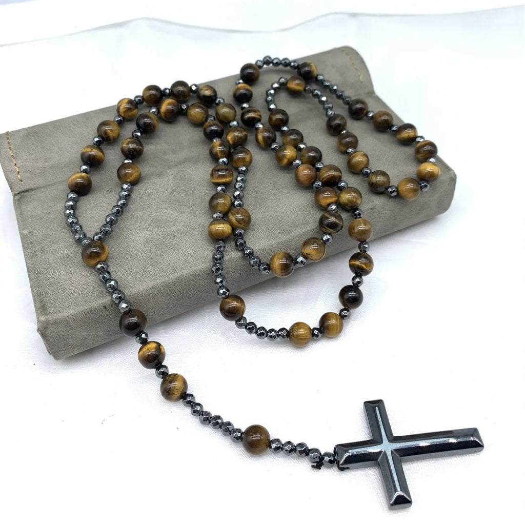 Stone cross pendant necklace on ball bead chain with safety lock clasp