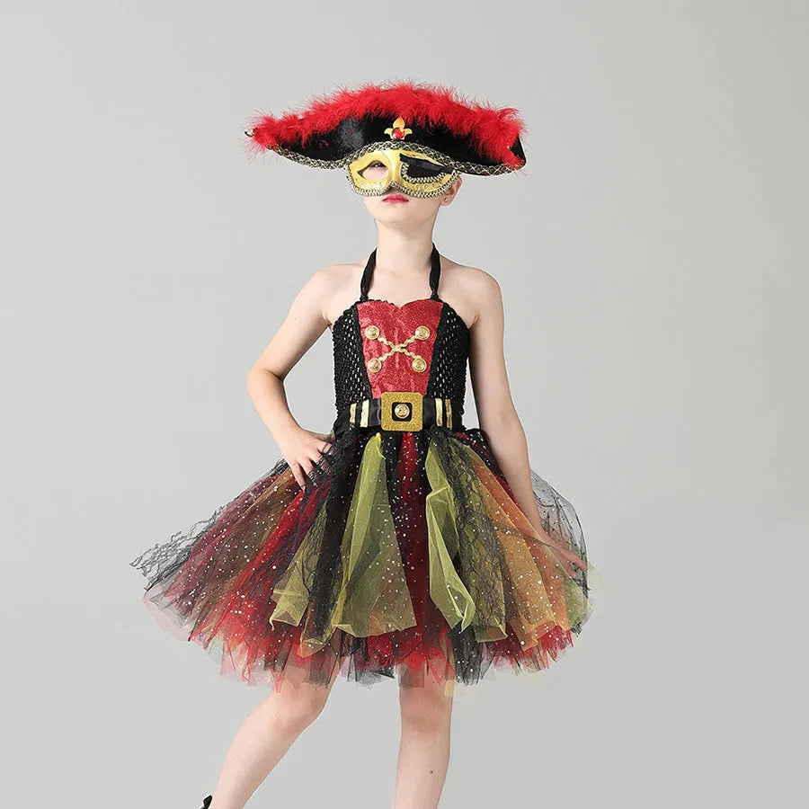 Sleeveless girls pirate costume dress with sequin and lace decoration for Halloween