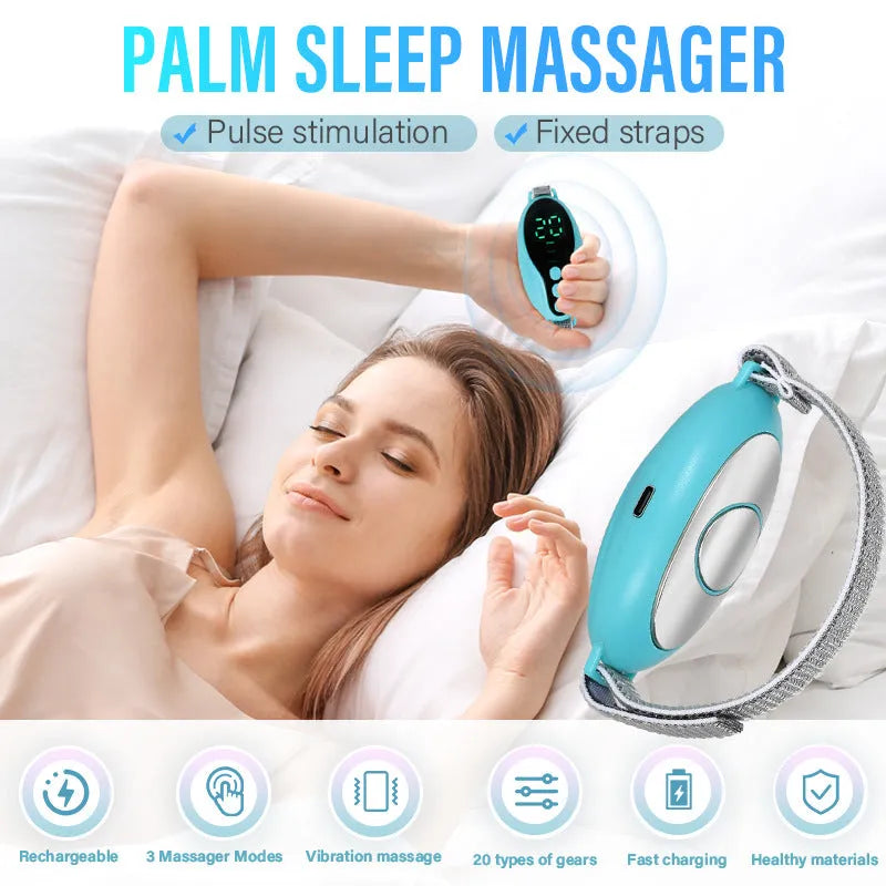 White and blue intelligent sleeping aid instrument showing compact 80x40x20mm dimensions with USB charging port
