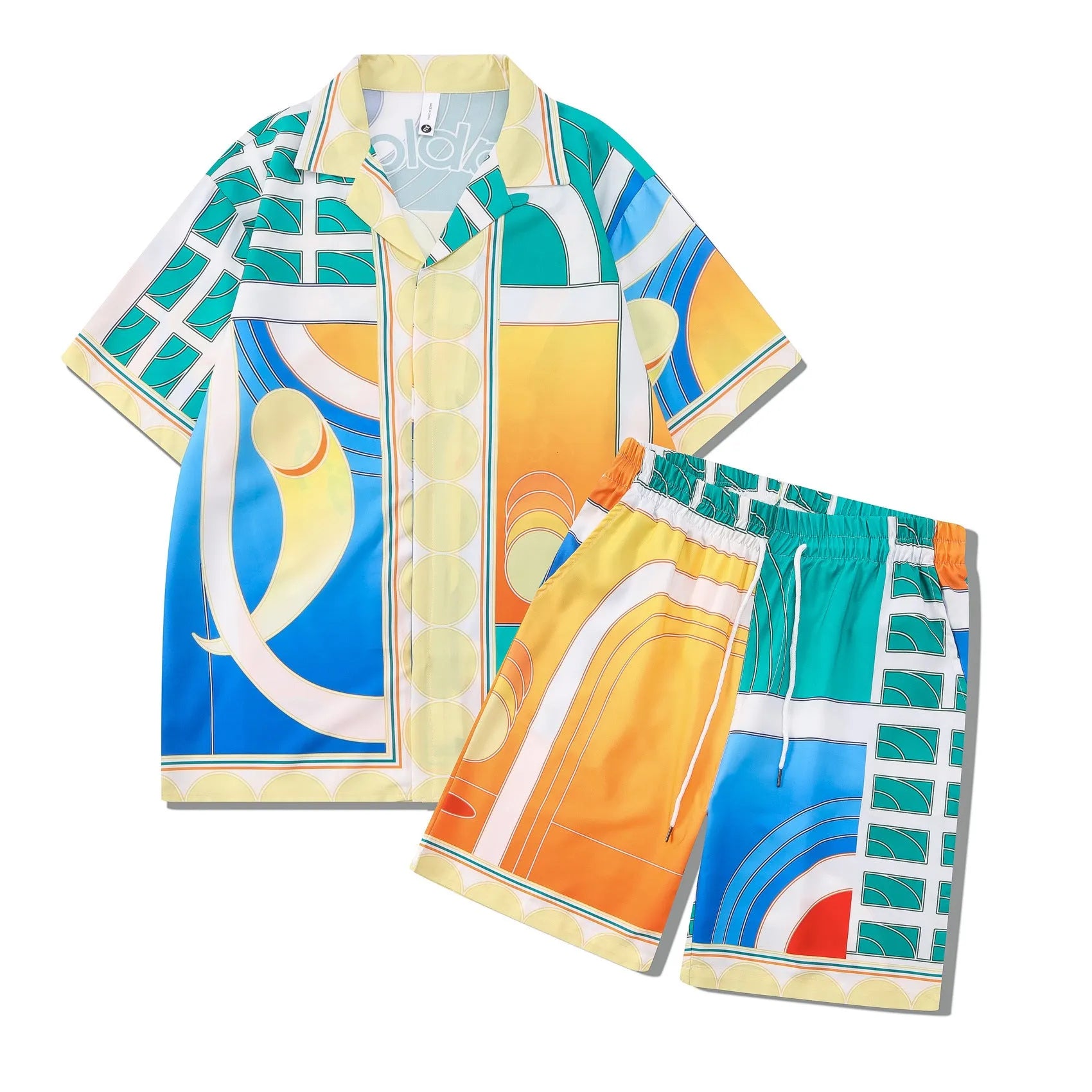 Men's plaid print polyester beach outfit consisting of a short-sleeve shirt and matching trousers.