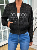 Black women's casual jacket with geometric pattern on semi-transparent fabric and threaded zipper.