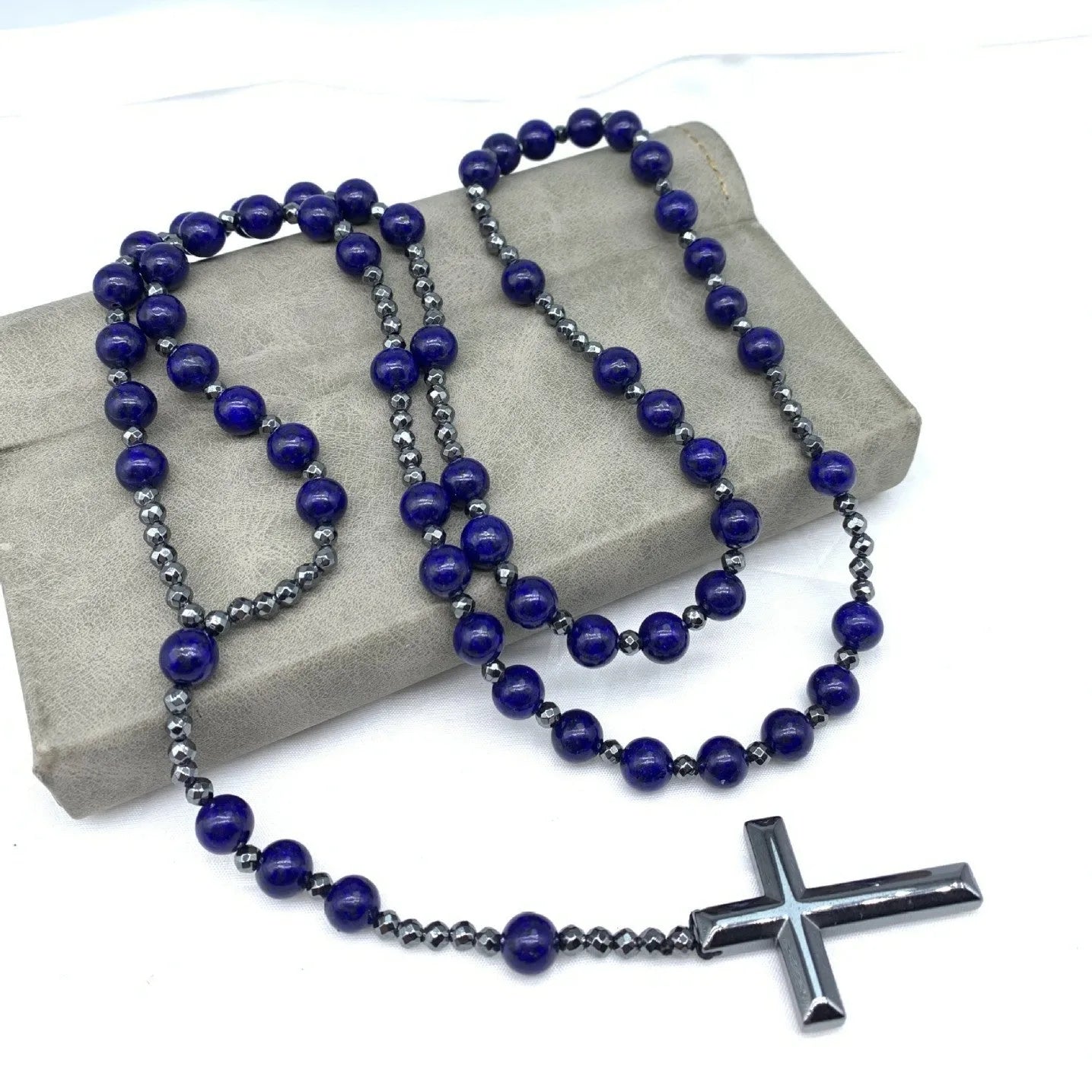 Stone cross pendant necklace on ball bead chain with safety lock clasp